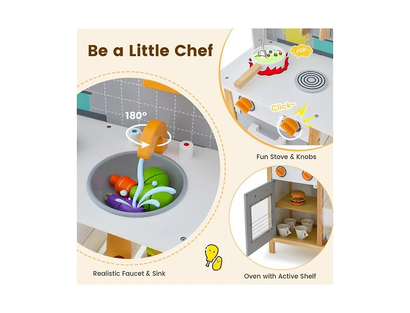 Slickblue Wooden Toddler Pretend Kitchen Set with Cookware Accessories for Boys and Girls-Grey