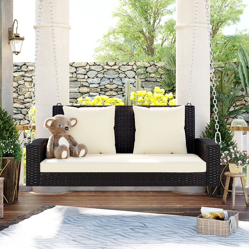 Streamdale Wicker Hanging Porch Swing with Cushion and Pillow