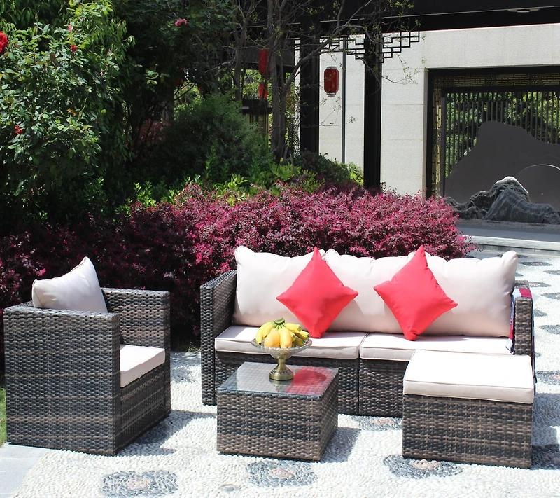 Simplie Fun Outdoor patio Furniture sets 3 piece Conversation set wicker Rattan Sectional Sofa With Seat Cushions(Beige Cushion)
