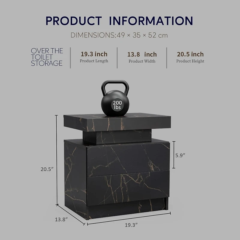 Nightstand Led Bedside Table Cabinet Lights Modern End Side With 2 Drawers For Bedroom (Black Gold)