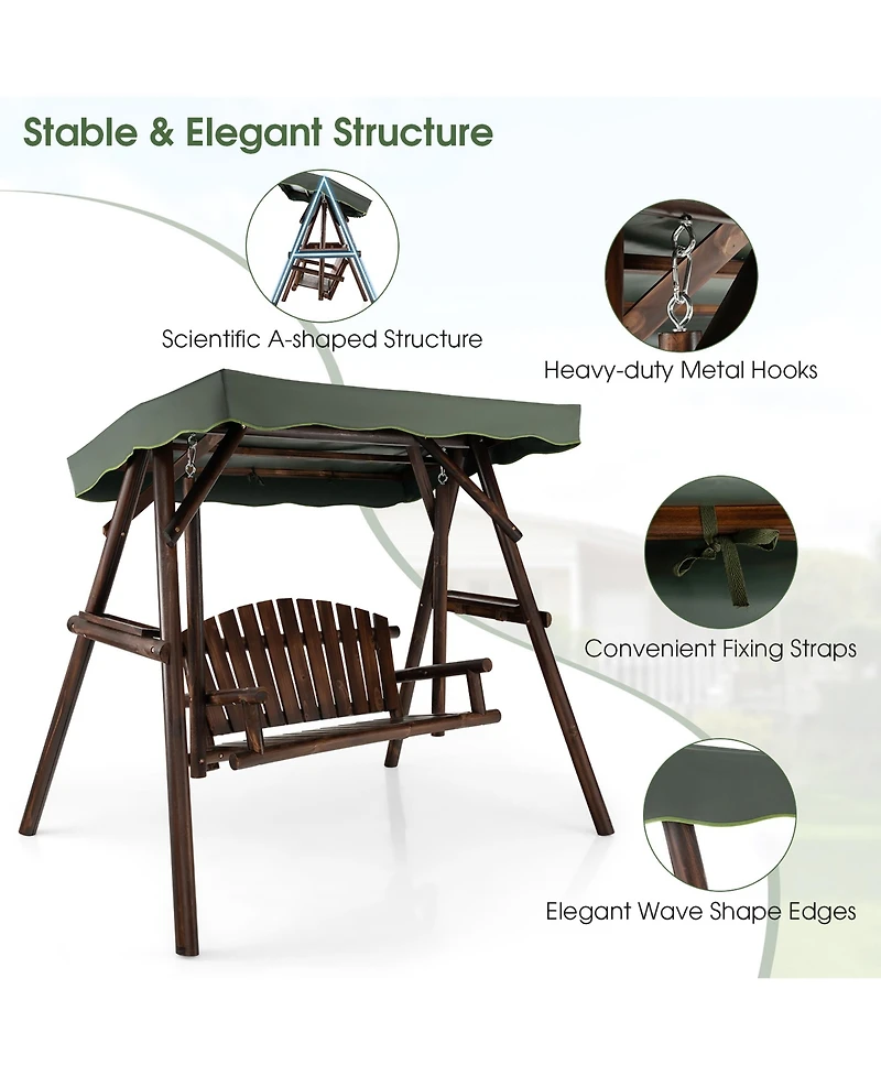 Costway 2 Person Wooden Garden Swing Bench Chair w/ Adjustable Canopy for Garden Porch