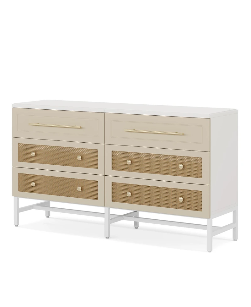 Tribesigns 6 Drawer Dresser, Modern Rattan Dresser for Bedroom, 55 inch Long Double Dresser Wood Storage Organizer Chest of Drawers