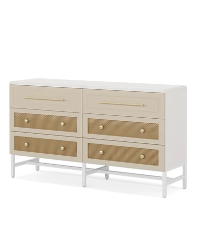 Tribesigns 6 Drawer Dresser, Modern Rattan Dresser for Bedroom, 55 inch Long Double Dresser Wood Storage Organizer Chest of Drawers