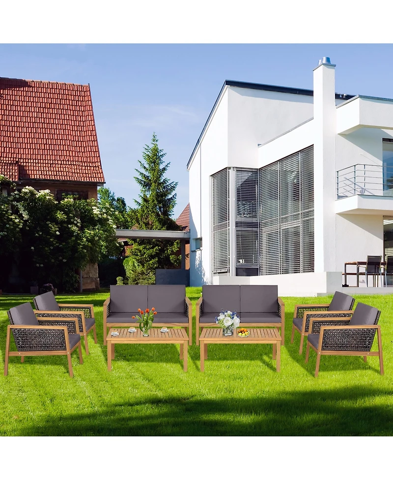 8PCS Patio Rattan Furniture Set Acacia Wood Cushioned Sofa