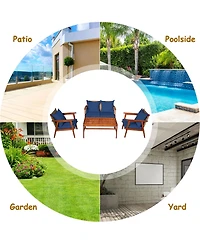 8PCS Patio Rattan Furniture Set Acacia Wood Frame Cushioned Sofa Chair Navy