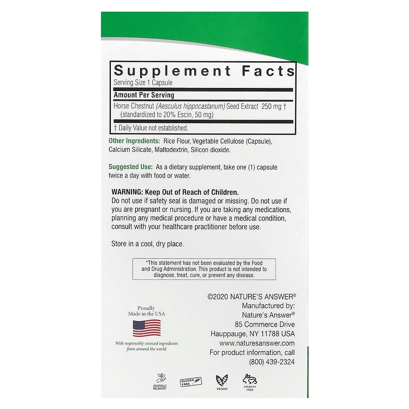 Nature's Answer Horse Chestnut 250 mg - 90 Vegetarian Capsules