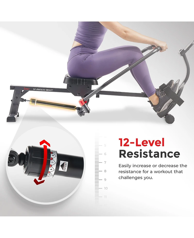 Sunny Health & Fitness Compact Full Motion Rowing Machine, Full-Body Workout, Low-Impact, Extra-Long Rail, 350 Lb Weight Capacity and Free SunnyFit Ap