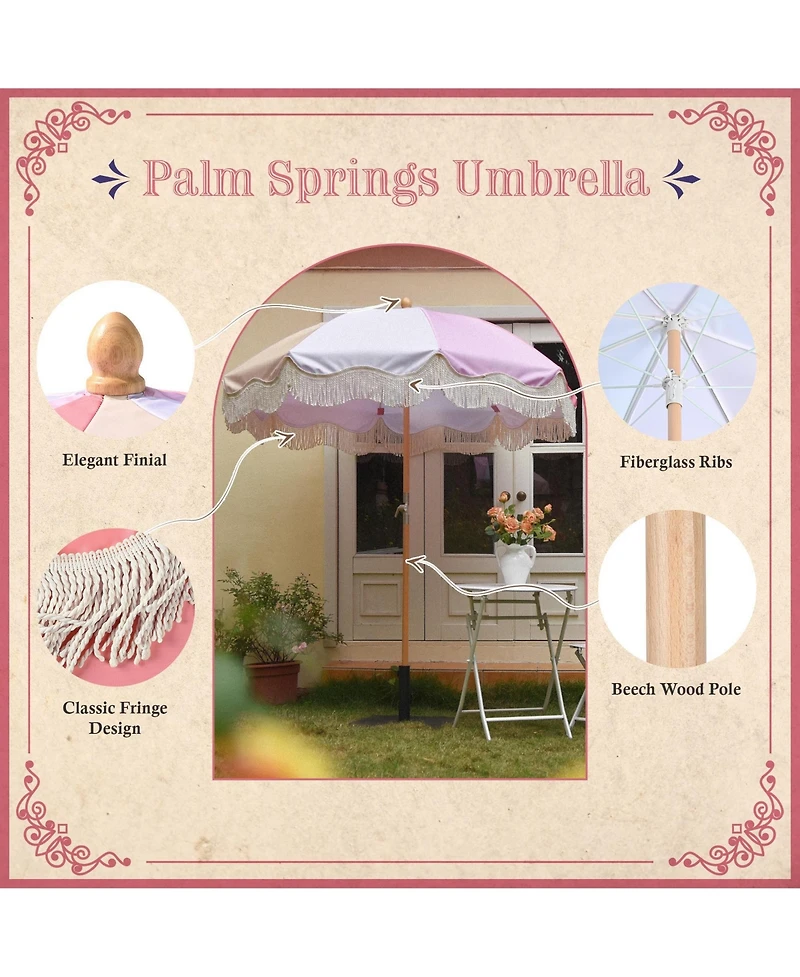 LAGarden 6Ft Fringe Patio Umbrella with Tassels & Carry Bag 50 / 60s Vintage Style Umbrella Wood Pink,Model: PS6-12