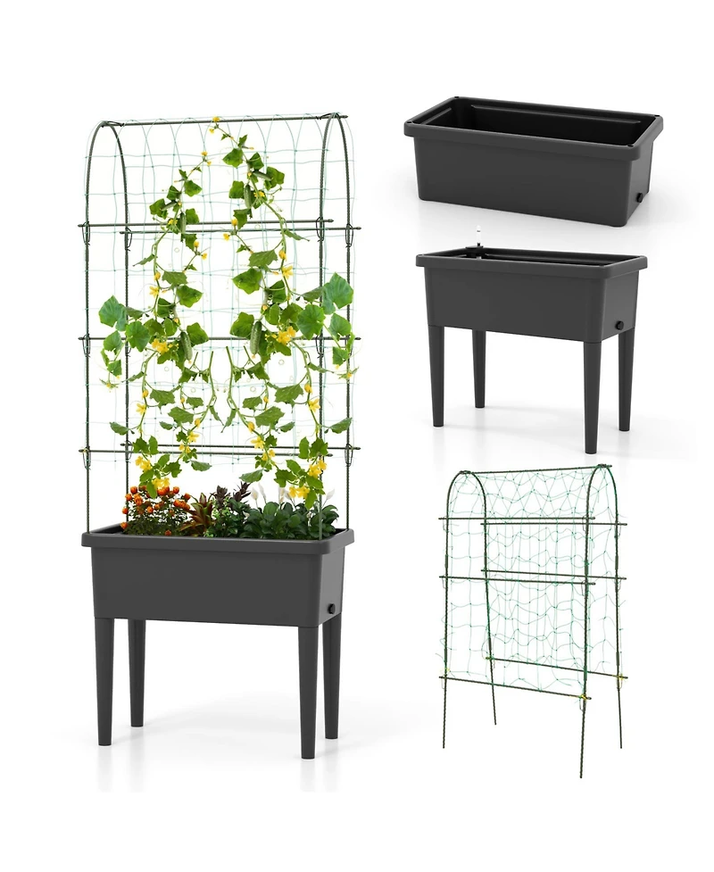 Slickblue Self-watering Raised Garden Bed Elevated Planter with Climbing Trellis-Black