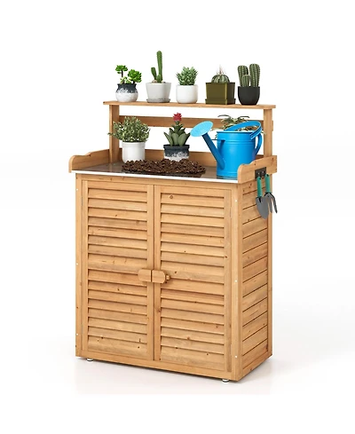 Slickblue Outdoor Potting Bench Workstation Table with Galvanized Metal Countertop for Garden-Natural