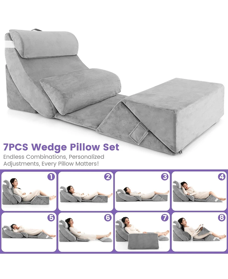 Slickblue 7 Pieces Bed Wedge Pillow Set with Memory Foam and Washable Cover-Gray