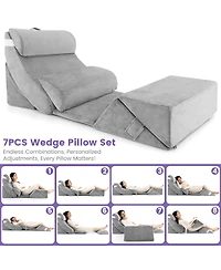Slickblue 7 Pieces Bed Wedge Pillow Set with Memory Foam and Washable Cover-Gray