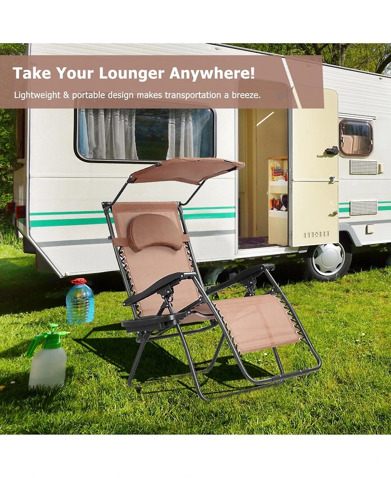 Slickblue Folding Recliner Lounge Chair with Shade Canopy Cup Holder