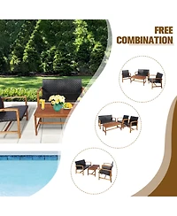Costway 8PCS Outdoor Patio Rattan Furniture Set Acacia Wood Frame Sofa Loveseat Garden