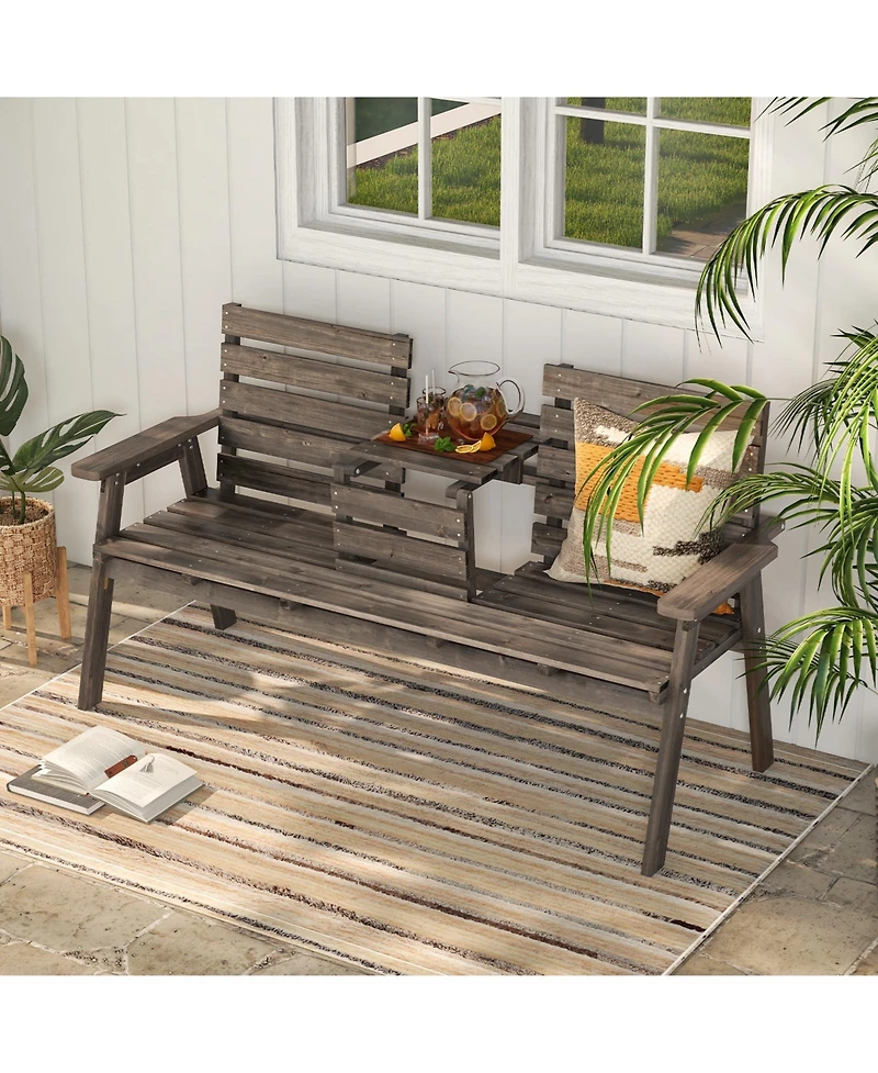 Slickblue Outdoor Fir Wood Bench with Foldable Middle Table-Gray
