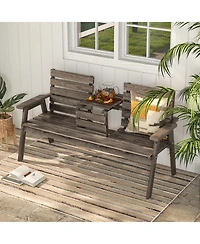 Slickblue Outdoor Fir Wood Bench with Foldable Middle Table-Gray