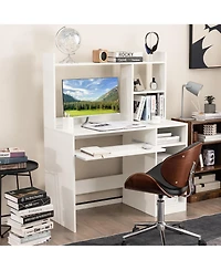 Gymax Computer Desk w/ Built-in Charge Station Wooden Writing Desk w/ Storage Hutch