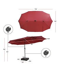 Gymax Outdoor 15' Double-Sided Patio Umbrella 48 Solar Led Lights Crank & Base Wine