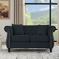 Streamdale Furniture Black Velvet Chesterfield Sofa with Rolled Arms & Nailhead Trim, 2-Seater, 2 Pillows