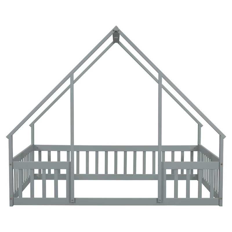 Streamdale Full Wood House-Shaped Floor Bed with Fence, Guardrails, Grey