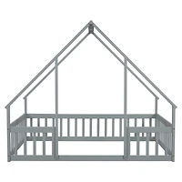 Streamdale Full Wood House-Shaped Floor Bed with Fence, Guardrails, Grey