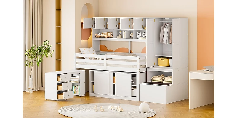 Streamdale Twin Loft Bed with Desk, Storage & Shelves