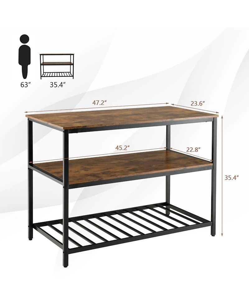 Sugift 3 Shelves Kitchen Island Industrial Prep Table with Bottom Wine Rack