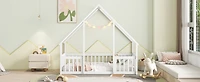 Simplie Fun Twin Wood House-Shaped Floor Bed with Fence, Guardrails, White