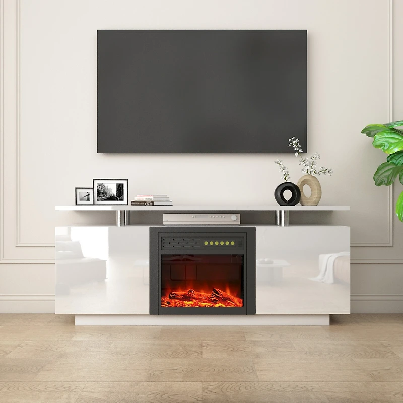 Streamdale 160cm High Gloss Tv Cabinet with Electric Fireplace (Heat & Color Change)
