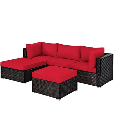 5PCS Patio Rattan Furniture Set Sectional Conversation Set Ottoman Table