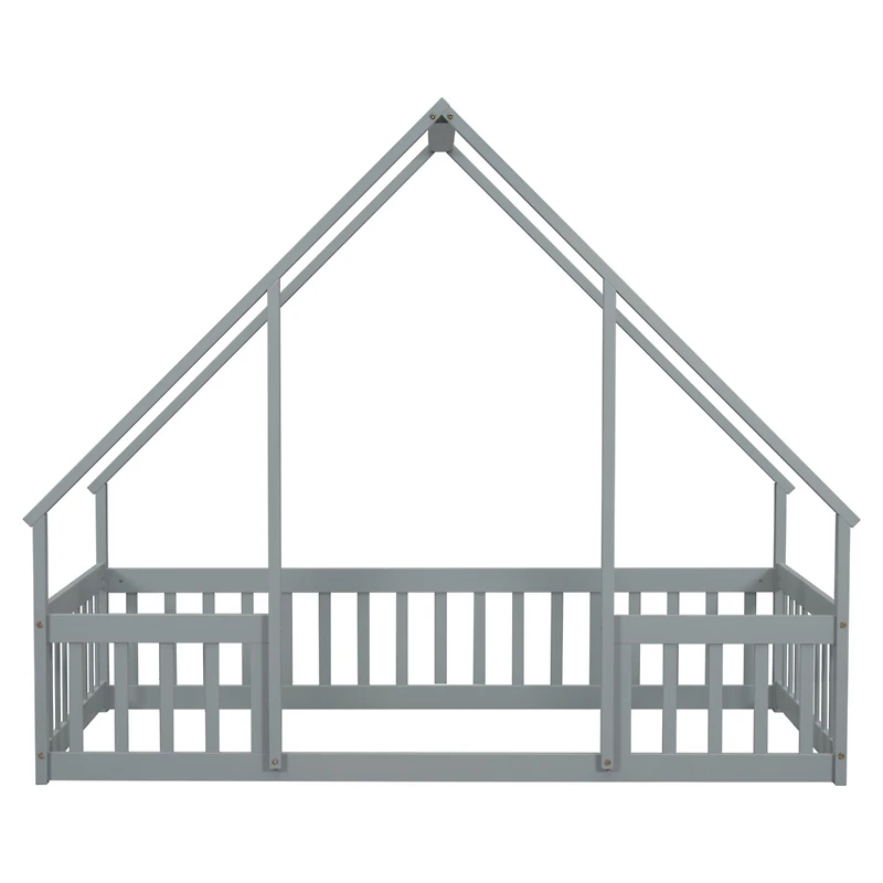 Twin Wood House-Shaped Floor Bed with Fence, Guardrails, Grey