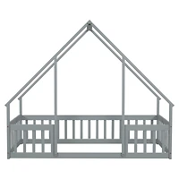 Twin Wood House-Shaped Floor Bed with Fence, Guardrails, Grey