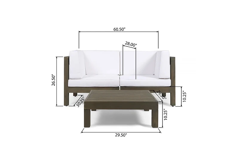 Simplie Fun Outdoor Loveseat Set with Coffee Table in Acacia Wood with Plush Cushions