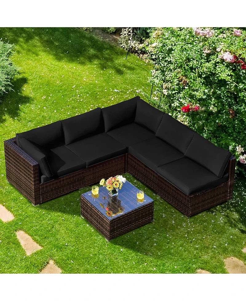 6PCS Patio Rattan Furniture Set Cushioned Sofa Coffee Table Garden