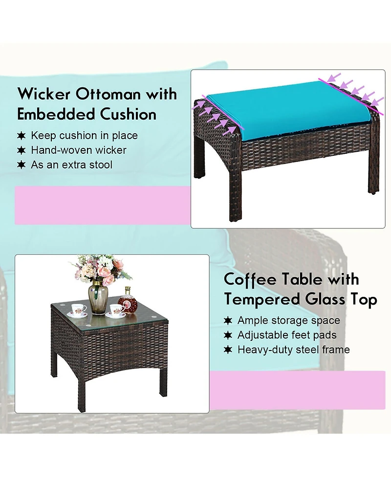 Costway 5 Pcs Patio Rattan Furniture Set Sofa Ottoman Table Cushioned