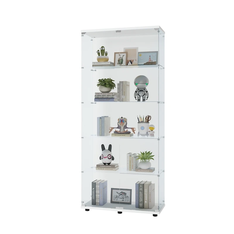 Simplie Fun White Glass Display Cabinet with Double Doors & 5 Shelves