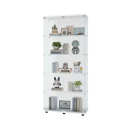 Simplie Fun White Glass Display Cabinet with Double Doors & 5 Shelves