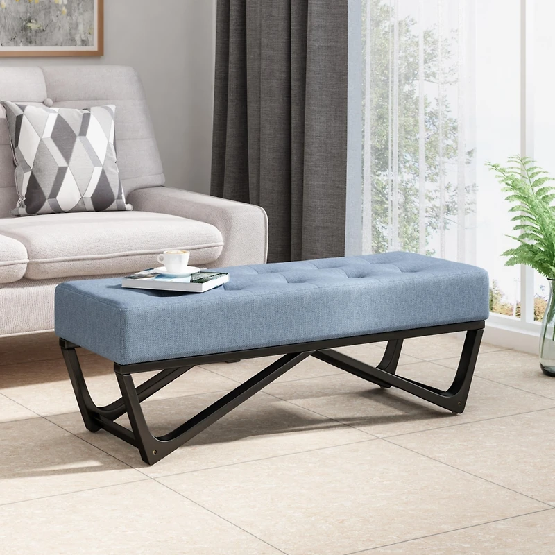 Streamdale Modern Tufted Upholstered Bench with Black Geometric Legs