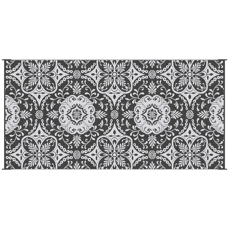 Outsunny Reversible Outdoor Rug with Carry Bag 9' x 18' Gray & White Flower