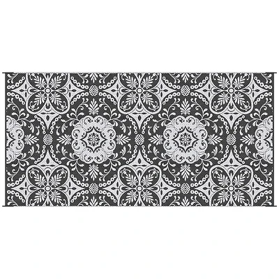 Outsunny Reversible Outdoor Rug with Carry Bag 9' x 18' Gray & White Flower