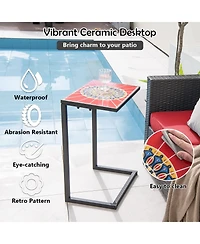 C-Shaped Outdoor Side Table with Waterproof Ceramic Top for Patio or Balcony