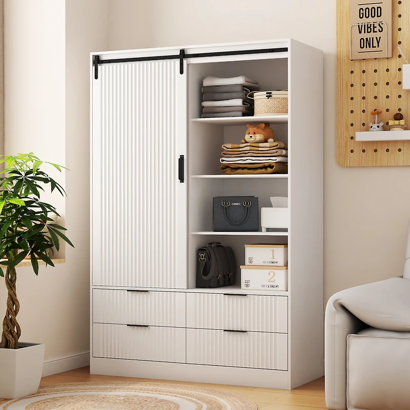 Streamdale Modern 4-Drawer 4-Shelf Sliding Barn Door Wardrobe Armoire