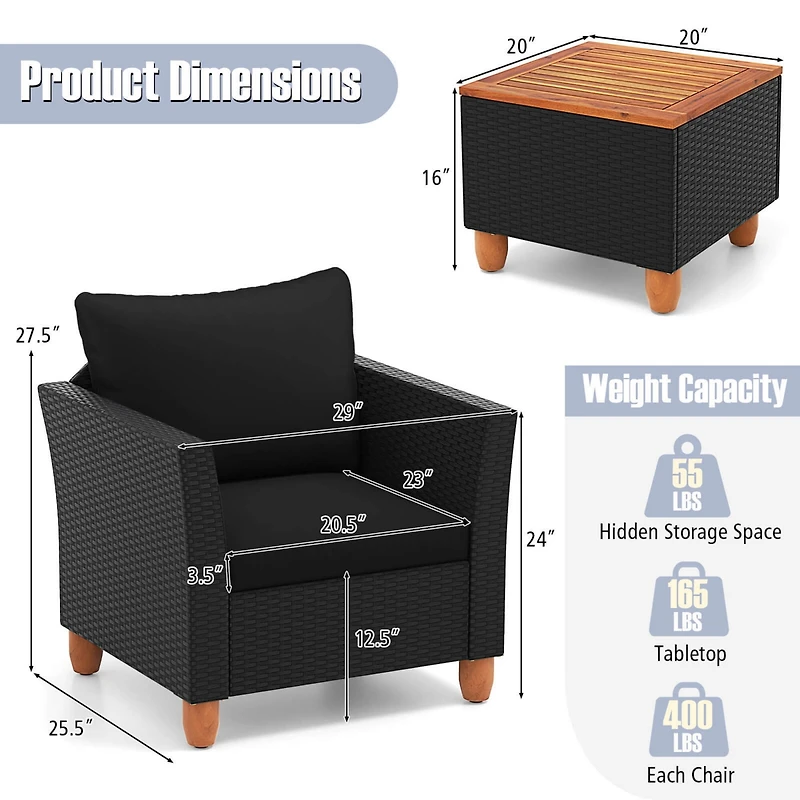 3PCS Patio Rattan Furniture Set Cushioned Sofa Storage Table with Wood Top