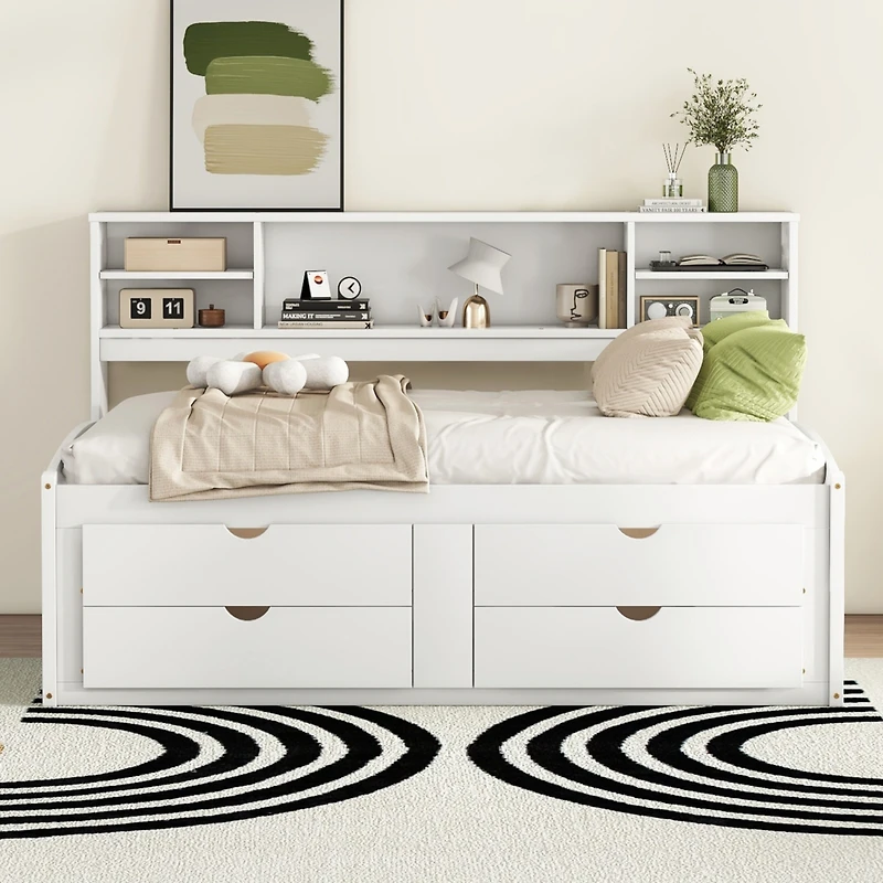Simplie Fun Full Size Wood Daybed with 2 Bedside Cabinets, Upper Shelves and 4 Drawers, White