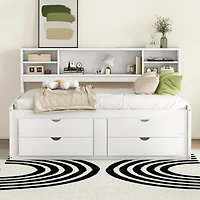 Simplie Fun Full Size Wood Daybed with 2 Bedside Cabinets, Upper Shelves and 4 Drawers, White