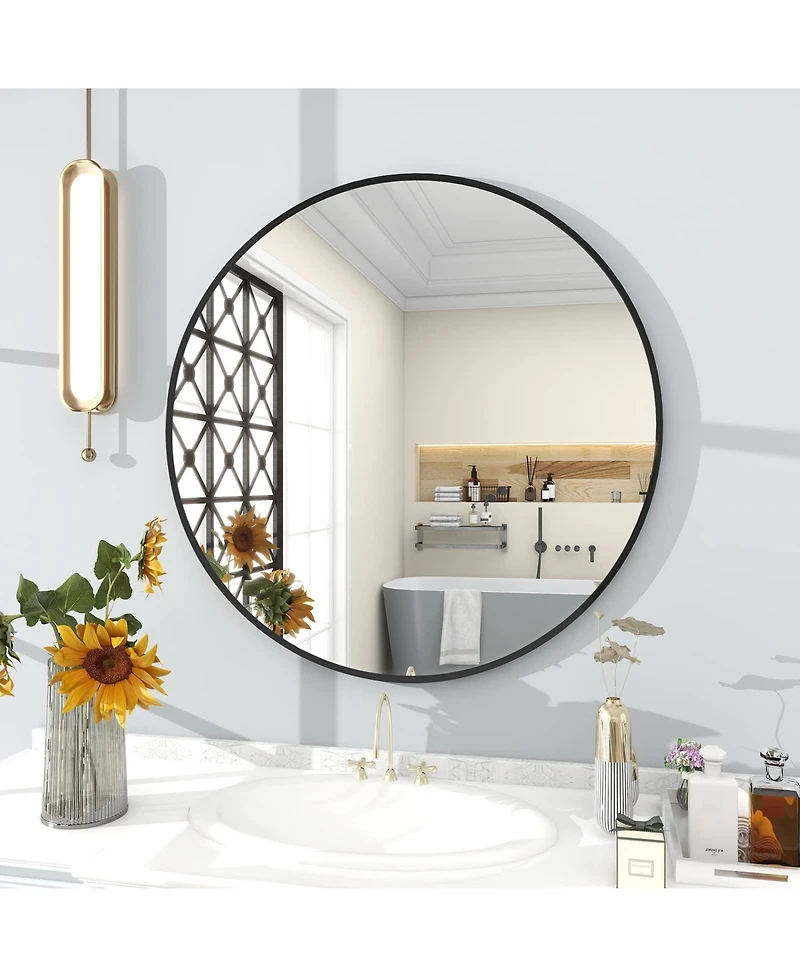 Homlux 30 Inch Round Wall Mirror with Black Aluminum Alloy Frame