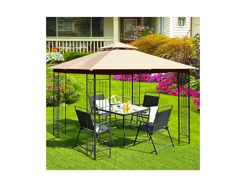 Slickblue 10 x 10 Feet L-Shaped Patio Canopy Gazebo Outdoor 2-Tier Steel Tent-Beige