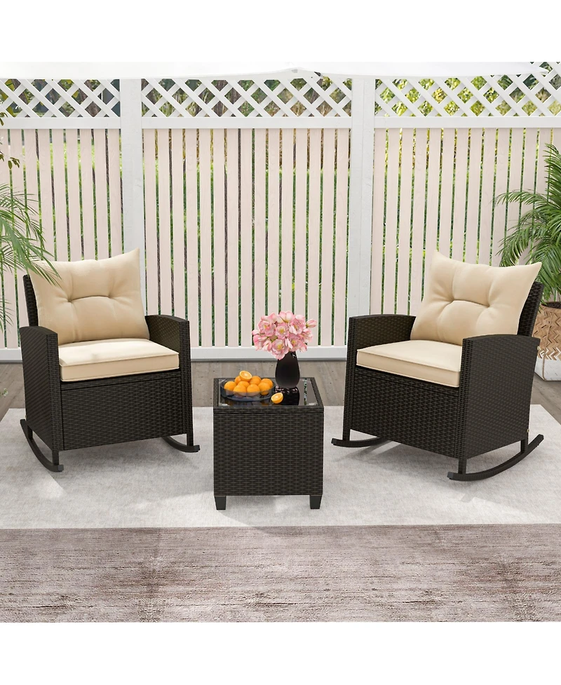 Slickblue Patio Rattan Roker Chairs with Tempered Glass Table and Soft Cushions for Backyard Poolside Porch-Beige