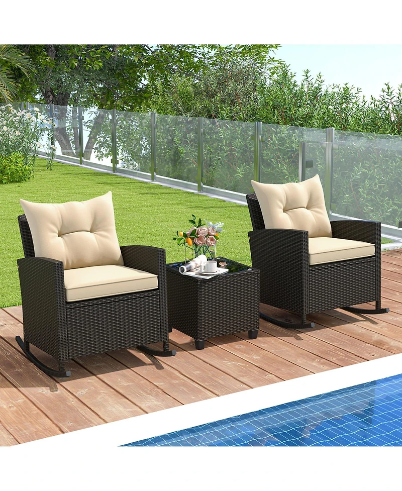 Slickblue Patio Rattan Roker Chairs with Tempered Glass Table and Soft Cushions for Backyard Poolside Porch-Beige