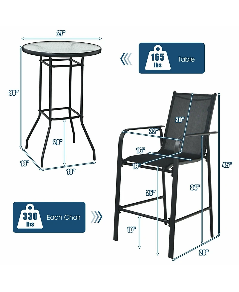 Slickblue 3 Pieces Outdoor Patio Bar Table Stool Set
